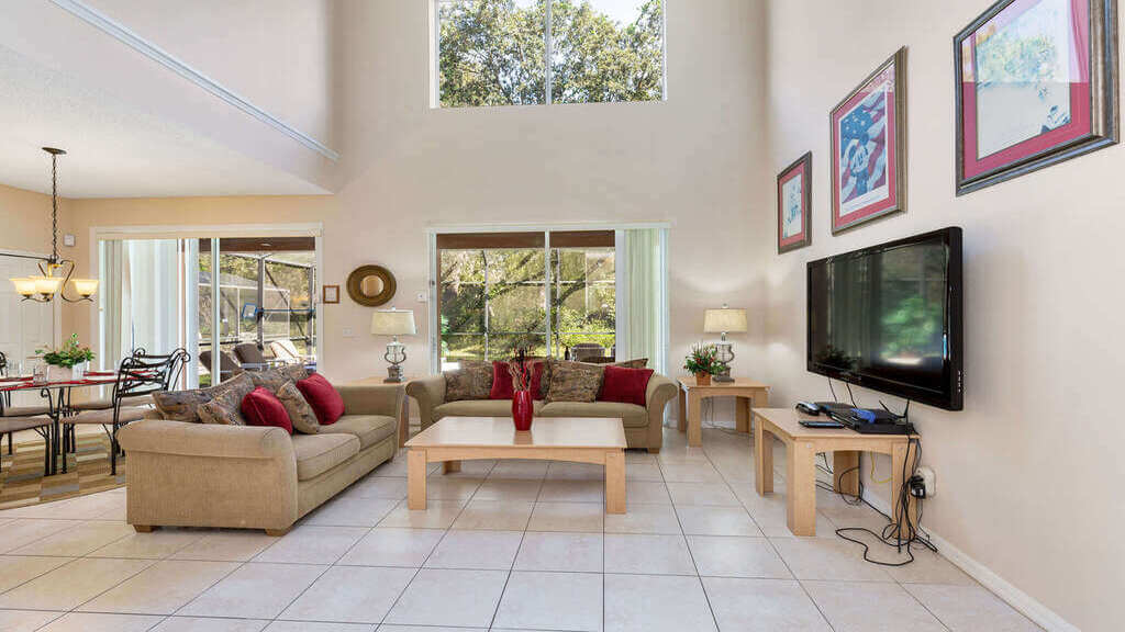 View of family room leading to the pool