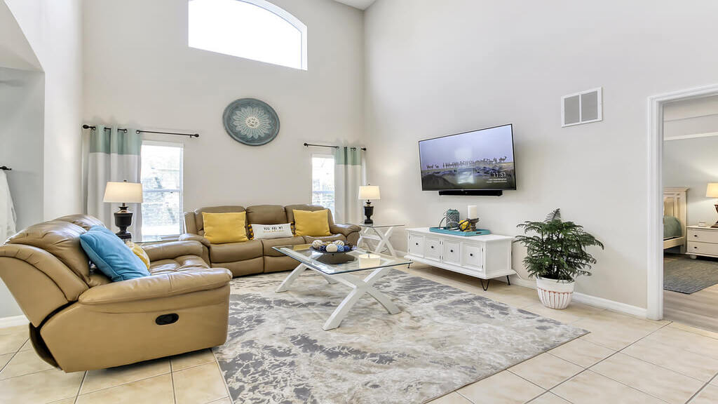 Spacious family room with comfortable leather furniture