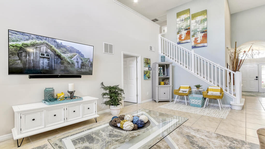Family room with lavish leather furniture