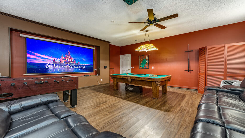 Theater room with 120 inch screen