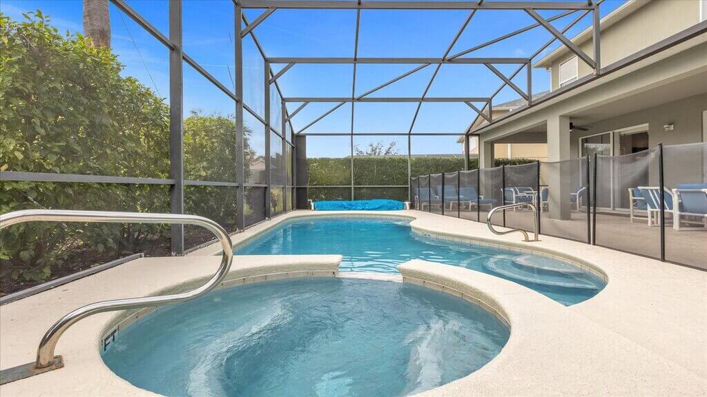 Pool has a safety fence and a bug-screen