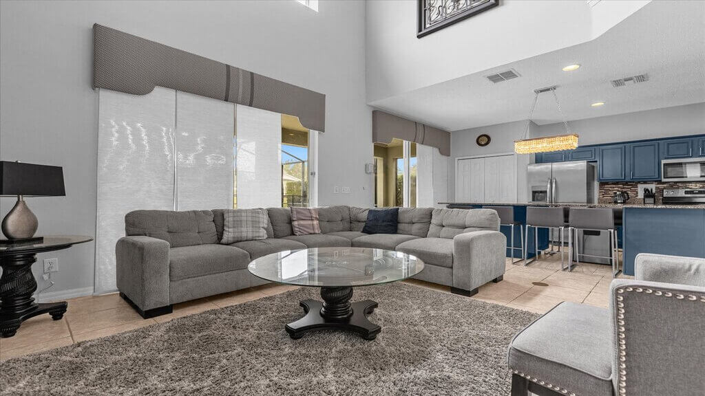 View of  the family room and kitchen
